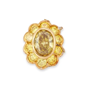 A yellow diamond cluster panel, the bezel-set oval mixed cut yellow diamond within surround of...