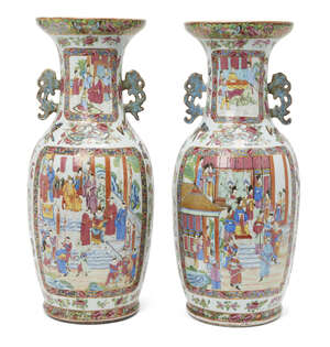 
	
		A large pair of Chinese porcelain baluster vases, mid-19th century, painted in famille...