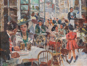 
	
		James Le Jeune RHA, 
		Irish/Canadian 1910-1983 - 
		 
		Le Touquet, Café Scene;...