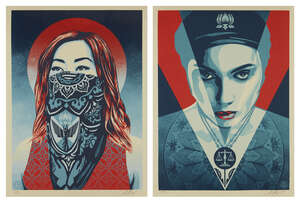 
	
		Shepard Fairey, 
		American b.1970- 
		 
		Just Angels rising and Justice Woman (red),...