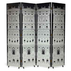 
	
		Piero Fornasetti (Italian 1913-1988), a Grattacielo del Rinascimento four fold screen ...