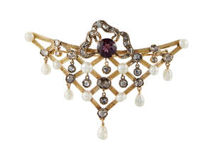 An early 20th century gold, garnet, rose-cut diamond and pearl brooch, designed as a triangular openwork lattice frame with rose-cut diamond drops and pearl ac