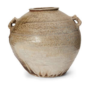 A Chinese 'proto-porcelain' ash-glazed jar, hu, Han dynasty, moulded to the shoulder with two...