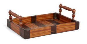 
	
		A William IV satinwood and rosewood small tray, c.1830, with turned handles and raised...