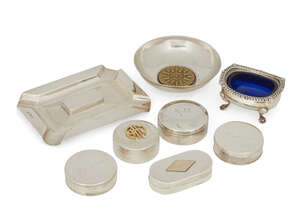 
	
		A collection of silver items, comprising: five various silver pill boxes with engraving;...