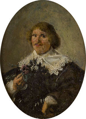Dutch School, 
		 
		mid-17th century- 
		 
		Portrait of a man, half-length turned to the left, holding a flower; 
		 
		oil on copper, oval, 13 x 9.