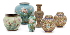 
	
		A pair of Japanese raised cloisonné jars, Meiji period, decorated with scrolling vines...
