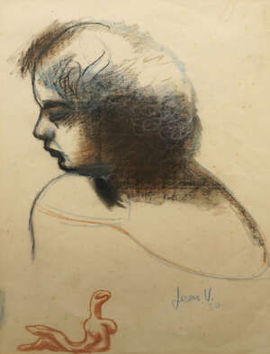 Leon Underwood,
		British 1890-1975- 
		 
		Head Study with a sculpture study at lower edge; 
		 
		chalk and pastel on paper, signed and dated 34, 47x3