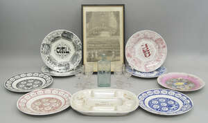 A collection of seven printed Passover plates, mostly by Ridgway's, 19th century, 25cm diameter, together with a similar dish, a modern Passover dish, a se