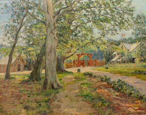 
	
		August Vilhelm Dencker, German 1882-1942- Village scene in Denmark; oil on canvas, signed...