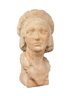 Richard Garbe RA, 
		British 1876-1957- 
		 
		Bust of a lady; 
		 
		terracotta maquette, signed and dated 1948, 31cm high (ARR)