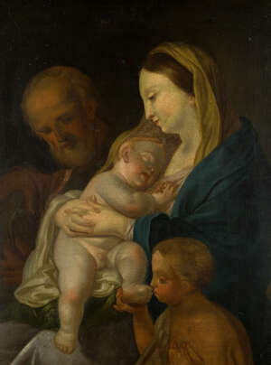 Follower of Francesco Trevisani, 
		Italian 1656-1746-
		 
		The Holy Family with Saint John the Baptist;
		 
		oil on canvas, 98x73cm
		 
		Note: Th