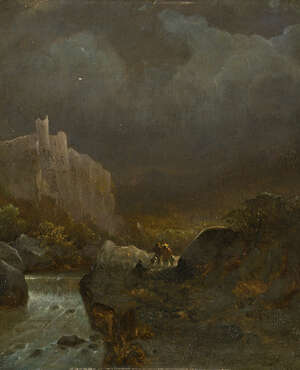 Follower of Pieter Anthonisz van Groenewegen, 
		Dutch 1600-1658- 
		 
		Figures by a weir in a river landscape beneath stormy skies, a hill top castle bey