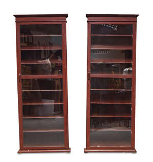 
	
		A pair of red painted wall hanging display cabinets, 20th century, with single glazed...