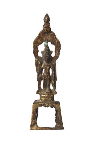 
	
		A Chinese gilt bronze miniature figure of Guanyin, Tang dynasty, modelled holding a fly...