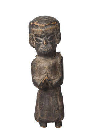 
	
		A Nepalese wooden ritual figure, 19th century, with applied white metal decoration to...