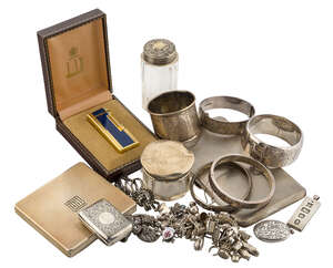 A group of silver items, costume jewellery and objects including: a rolled gold gas lighter by Dunhill; a silver charm bracelet; two silver rectangular cigaret