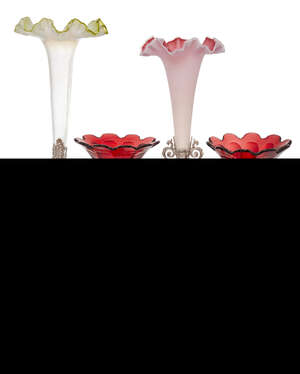 
	
		A pair of Victorian ruby glass and gilt bronze epergne vases, the horns of facetted...