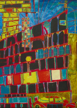 Friedensreich Hundertwasser, Austrian 1928-2000,
Arcade House with yellow tower, 1953;
collotype in...