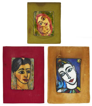 
	
		Hedda Carrington, three enamelled portrait plaques, mid 20th century, coloured enamel,...