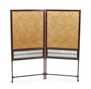 An Edwardian mahogany two fold screen, first quarter 20th century, with silk embroidered panels above fret work panels, 117 x 111cm