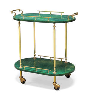 
	
		Aldo Tura (1909-1963), a brown lacquered goat skin and brass two tier bar trolley    
		