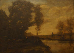 
	
		S Gimon, French, mid/late 19th century- Shepherdess and her flock by a river in a...
