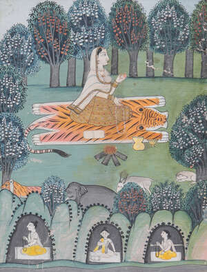 
	
		 
		A female worshipper seated on a tiger skin, Rajasthan, India, 19th century, opaque...