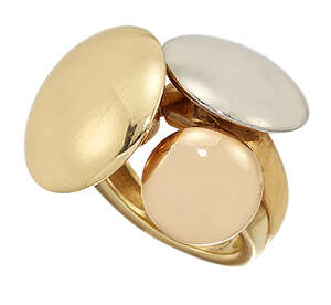 
	
		A tri-coloured disc ring, by Cartier, composed of three graduated yellow, white and...