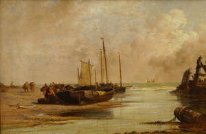 
	
		Arthur Joseph Meadows, British 1843-1907- Mussel Gatherers, Ambleteuse Harbour; oil on...