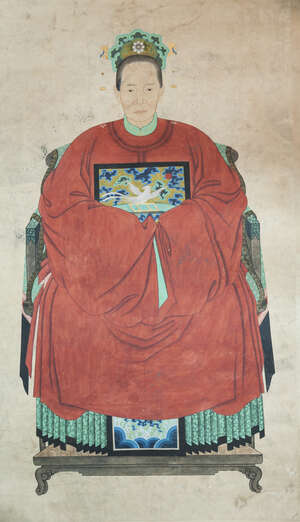 
	
		Early 20th century Chinese School, gouache on paper, pair of ancestor portraits, 160cm x...