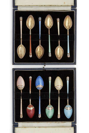 
	
		Two sets of enamelled silver coffee spoons, Birmingham, c.1966, Turner and Simpson, each...