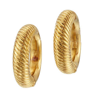 A pair of earrings by Lalaounis, each of large hinged sprung hoop design with ribbed decoration, with maker's mark for Ilias lalaounis, 3.2cm diam, with ma