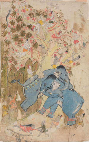 
	
		A prepatory drawing of elephants fighting,  Rajasthan, India, circa 1620, opaque pigments...