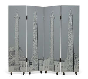 
	
		Piero Fornasetti (Italian 1913-1988), anObelischi four fold screen      
		c.1990, with...