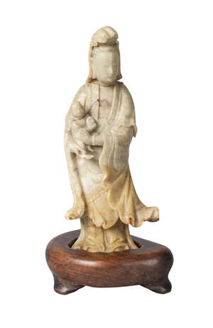 
	
		A Chinese soapstone carving of Guanyin and a child, 18th/19th century, carved standing,...