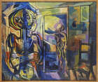 
	
		Douglas Pittuck, 
		British 1911-1993 - 
		Figures in a Room; 
		oil on board, signed...