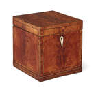 
	
		A George III satinwood cube-shape tea caddy, oval inlaid canister to interior, ivory...
