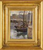 
	
		Campbell Lindsay Smith, 
		Scottish 1879-1915- 
		 
		Moored boats along a quayside;...
