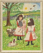 Emily M. Chrisp, British 1912-1974 - Young girls with dogs and doll; oil on board, signed...