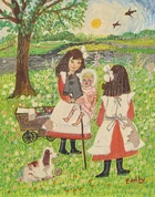 Emily M. Chrisp, British 1912-1974 - Young girls with dogs and doll; oil on board, signed...