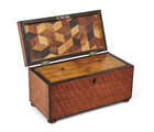 
	
		A George III satinwood two-division tea caddy, the interior lid with parquetry decoration...