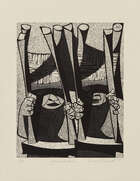 
	
		Roderic Barrett, 
		British 1920-2000- 
		 
		Chairs and Man, 1951; 
		 
		woodcut on...