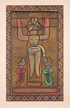 Jamini Roy (Indian 1887-1972), 
Figure with two worshippers,
Tempera on cloth, signed in Bengali...