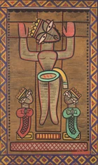 Jamini Roy (Indian 1887-1972), 
Figure with two worshippers,
Tempera on cloth, signed in Bengali...