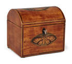 
	
		A Regency inlaid satinwood dome-top tea caddy, inlaid with butterfly and shell motifs,...