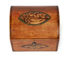 
	
		A Regency inlaid satinwood dome-top tea caddy, inlaid with butterfly and shell motifs,...