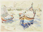 
	
		Jack Paul Hanlon, 
		Irish 1913-1968- 
		 
		Moored fishing boats; 
		 
		