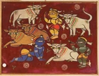 Jamini Roy (Indian 1887-1972), Balakrishna, Balaram amidst the cows, 
tempera on card, signed in...