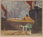 Sylvan G. Boxsius, British 1878-1941, Unloading Gravel, c.1930; linocut in colours on paper, 
